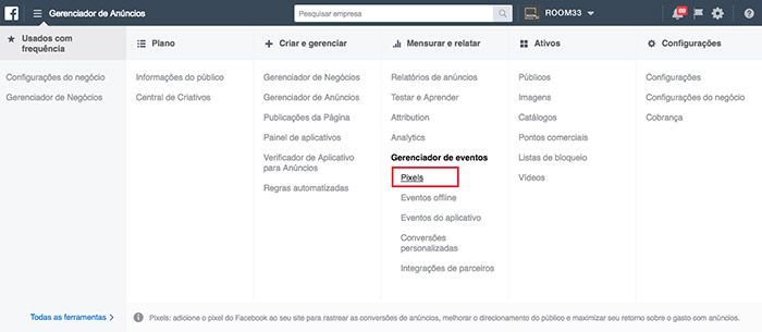 gerenciador de anúncios facebook pixels