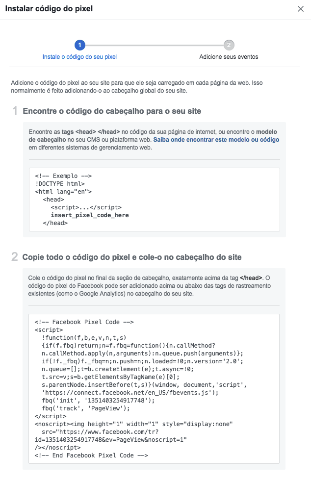 instalar código do pixel do facebook