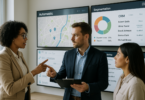 Corretor de imóveis analisa tela digital com mapas, gráficos de segmentação e CRM, ilustrando o uso de inteligência artificial na prospecção e análise de leads qualificados no mercado imobiliário moderno.