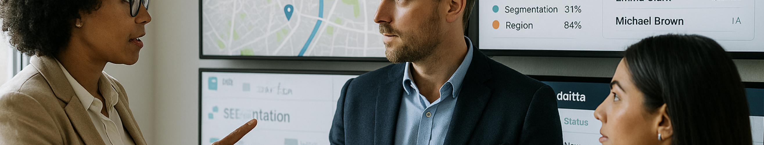 Corretor de imóveis analisa tela digital com mapas, gráficos de segmentação e CRM, ilustrando o uso de inteligência artificial na prospecção e análise de leads qualificados no mercado imobiliário moderno.