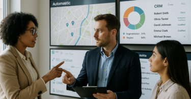 Corretor de imóveis analisa tela digital com mapas, gráficos de segmentação e CRM, ilustrando o uso de inteligência artificial na prospecção e análise de leads qualificados no mercado imobiliário moderno.