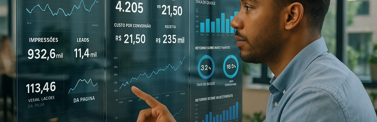 Profissional de marketing brasileiro avalia dashboards digitais e gráficos de campanhas online em um escritório moderno, representando a integração da inteligência artificial na publicidade e no setor imobiliário.