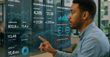 Profissional de marketing brasileiro avalia dashboards digitais e gráficos de campanhas online em um escritório moderno, representando a integração da inteligência artificial na publicidade e no setor imobiliário.
