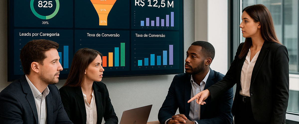 Equipe de marketing imobiliário analisando dados e indicadores de performance exibidos em telas de TV e monitores durante uma reunião, focados em métricas digitais para otimizar as estratégias de vendas.