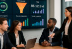 Equipe de marketing imobiliário analisando dados e indicadores de performance exibidos em telas de TV e monitores durante uma reunião, focados em métricas digitais para otimizar as estratégias de vendas.