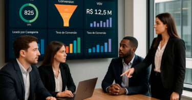 Equipe de marketing imobiliário analisando dados e indicadores de performance exibidos em telas de TV e monitores durante uma reunião, focados em métricas digitais para otimizar as estratégias de vendas.