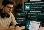 Jovem social media utilizando IA para redes sociais em notebook e smartphone em ambiente moderno, com janelas digitais em português exibindo sugestões automáticas de postagens e personalização de perfis.