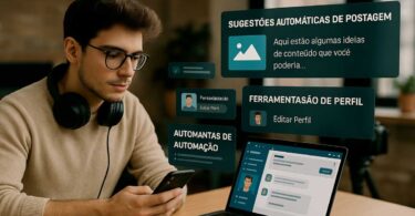 Jovem social media utilizando IA para redes sociais em notebook e smartphone em ambiente moderno, com janelas digitais em português exibindo sugestões automáticas de postagens e personalização de perfis.