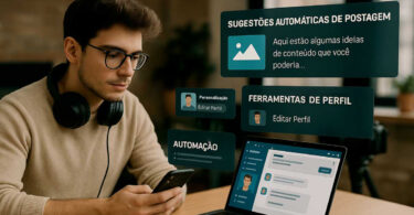 Jovem social media utilizando IA para redes sociais em notebook e smartphone em ambiente moderno, com janelas digitais em português exibindo sugestões automáticas de postagens e personalização de perfis.