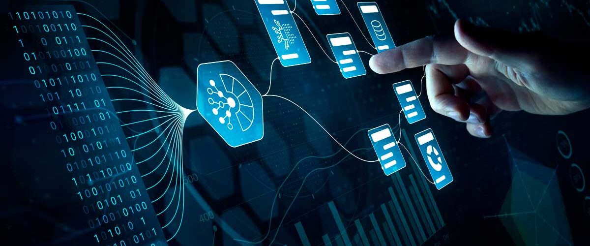 Mão tocando tela digital com fluxos de informação, algoritmos e documentos conectados, representando a automação de processos imobiliários por meio de inteligência artificial e integração tecnológica.