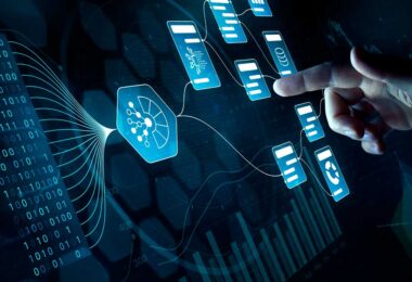 Mão tocando tela digital com fluxos de informação, algoritmos e documentos conectados, representando a automação de processos imobiliários por meio de inteligência artificial e integração tecnológica.