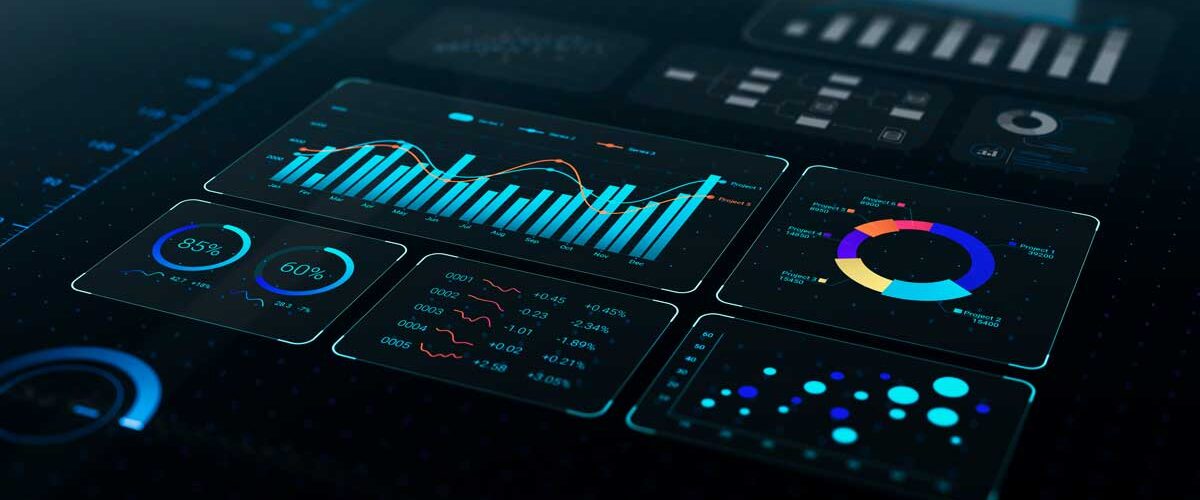 Painel digital com gráficos e dashboards coloridos mostrando indicadores de desempenho, simbolizando a gestão eficiente de leads imobiliários através de tecnologia e automação inteligente.