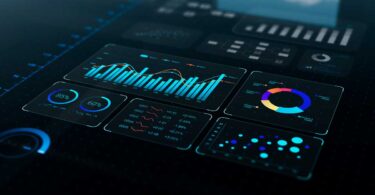Painel digital com gráficos e dashboards coloridos mostrando indicadores de desempenho, simbolizando a gestão eficiente de leads imobiliários através de tecnologia e automação inteligente.
