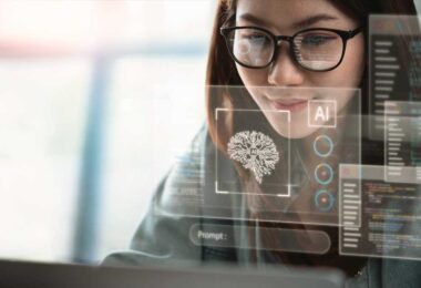 Mulher de óculos trabalhando no computador com hologramas digitais de IA, códigos e gráficos, simbolizando a implementação e uso prático de inteligência artificial para transformação e automação no mercado imobiliário.