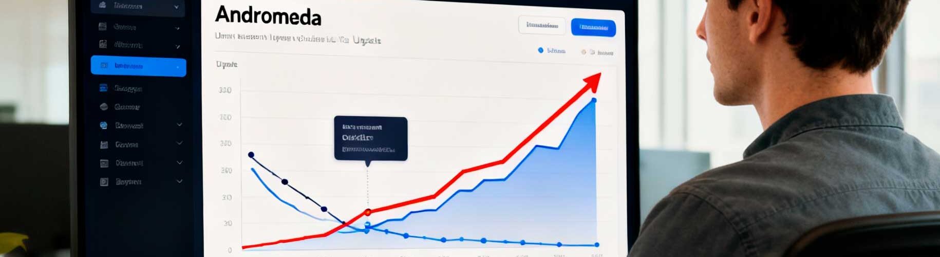 Pessoa sentada em escritório moderno analisando gráficos de desempenho do Meta Ads na tela do computador, destacando a ascensão dos resultados após a atualização Andromeda para anúncios imobiliários.