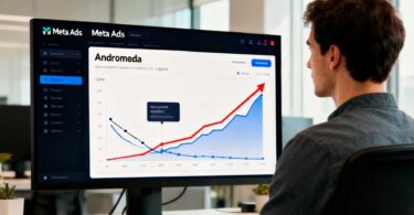 Pessoa sentada em escritório moderno analisando gráficos de desempenho do Meta Ads na tela do computador, destacando a ascensão dos resultados após a atualização Andromeda para anúncios imobiliários.