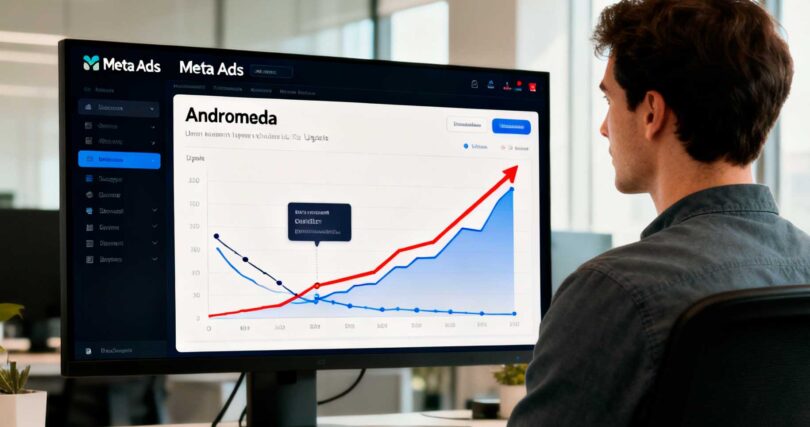 Pessoa sentada em escritório moderno analisando gráficos de desempenho do Meta Ads na tela do computador, destacando a ascensão dos resultados após a atualização Andromeda para anúncios imobiliários.