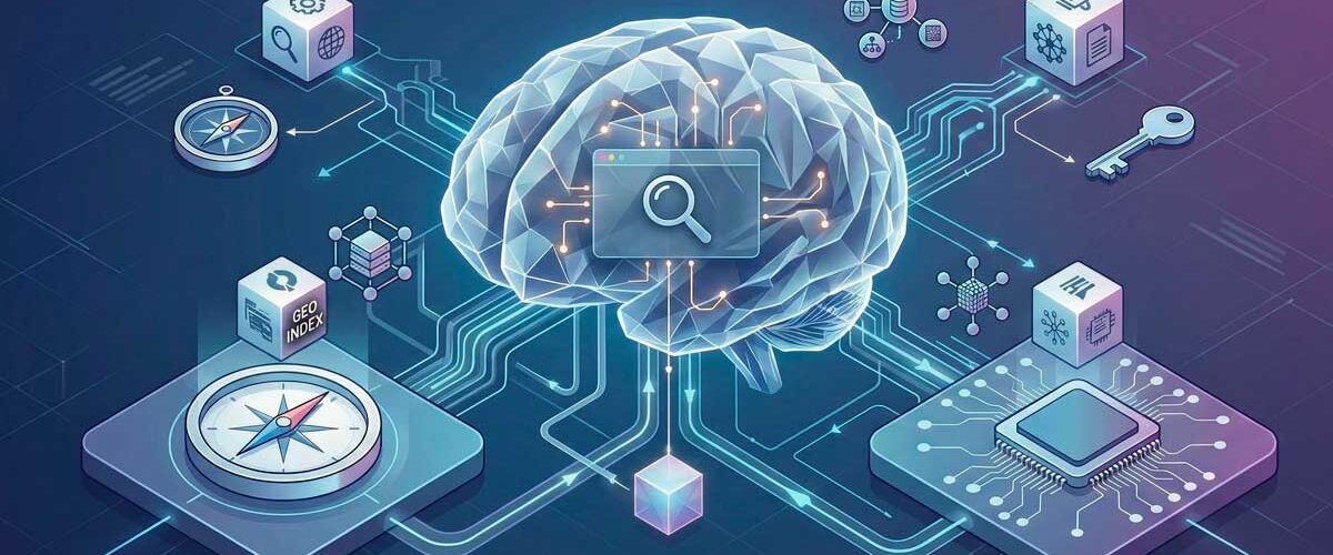 Ilustração clean em estilo isometric tech mostrando um cérebro digital conectado a ícones de bússola (GEO), barra de busca (AEO) e processadores de IA, representando o futuro do SEO e otimização para motores de resposta.