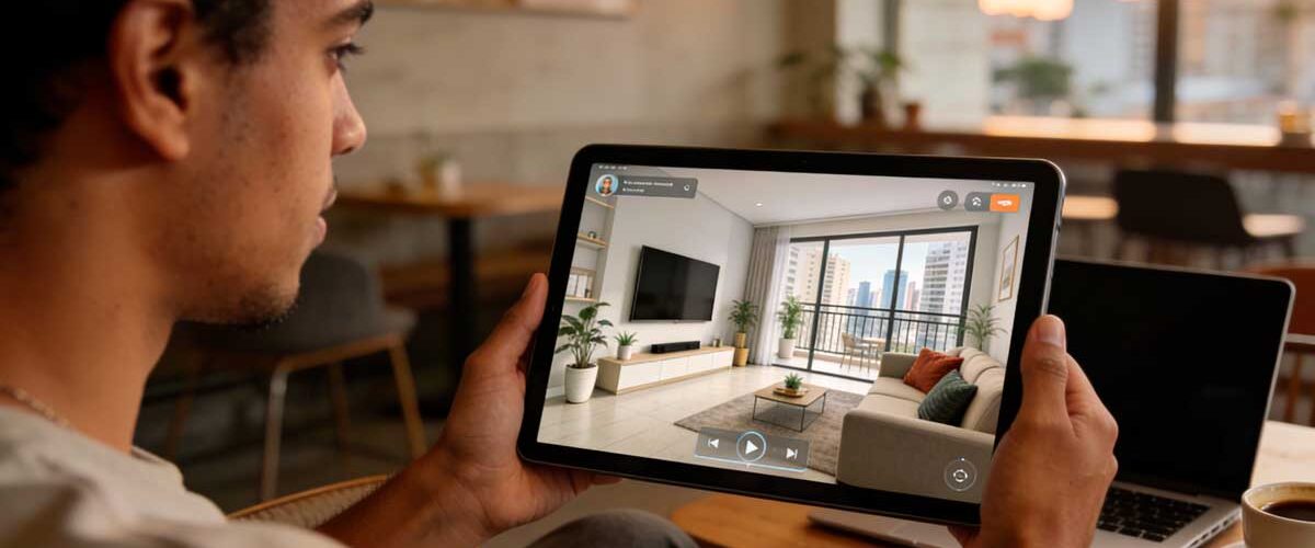Pessoa brasileira segurando tablet com tour virtual de sala moderna em apartamento de empreendimento imobiliário no Brasil, com decoração contemporânea e iluminação natural, representando o uso de streaming e inteligência artificial na jornada de compra de imóveis.