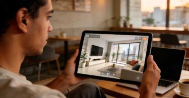 Pessoa brasileira segurando tablet com tour virtual de sala moderna em apartamento de empreendimento imobiliário no Brasil, com decoração contemporânea e iluminação natural, representando o uso de streaming e inteligência artificial na jornada de compra de imóveis.