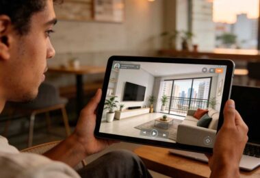 Pessoa brasileira segurando tablet com tour virtual de sala moderna em apartamento de empreendimento imobiliário no Brasil, com decoração contemporânea e iluminação natural, representando o uso de streaming e inteligência artificial na jornada de compra de imóveis.