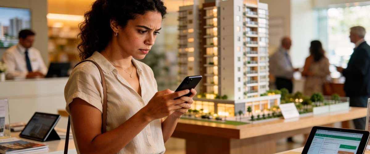 Mulher brasileira em stand de vendas de lançamento imobiliário no Brasil olhando atentamente para o smartphone, com maquete de prédio moderno ao fundo e iluminação quente, representando o uso de Inteligência Artificial e recomendações digitais na decisão de compra de imóveis.