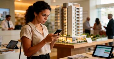 Mulher brasileira em stand de vendas de lançamento imobiliário no Brasil olhando atentamente para o smartphone, com maquete de prédio moderno ao fundo e iluminação quente, representando o uso de Inteligência Artificial e recomendações digitais na decisão de compra de imóveis.