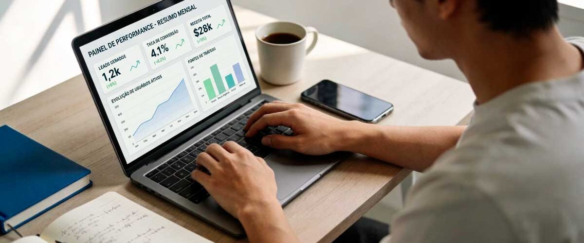 Empreendedor(a) usando ferramentas de IA para empreendedores no notebook com dashboard de métricas; caderno, café e celular na mesa.