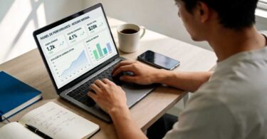 Empreendedor(a) usando ferramentas de IA para empreendedores no notebook com dashboard de métricas; caderno, café e celular na mesa.