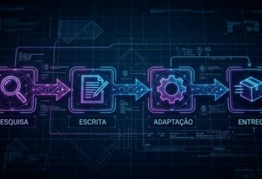 Diagrama técnico de fluxo de marketing de conteúdo em estilo blueprint neon, mostrando as etapas de pesquisa, escrita, adaptação e entrega