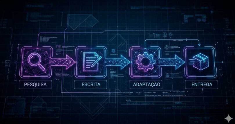 Diagrama técnico de fluxo de marketing de conteúdo em estilo blueprint neon, mostrando as etapas de pesquisa, escrita, adaptação e entrega