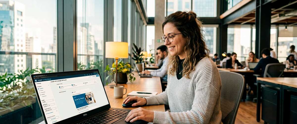 Foto realista de uma mulher jovem profissional em um escritório de coworking moderno com janelas amplas. Ela sorri com confiança enquanto trabalha em um notebook que exibe a interface do Gerenciador de Anúncios do LinkedIn (LinkedIn Ads). A iluminação é natural e quente, com tons de cinza claro e carvão ao fundo.