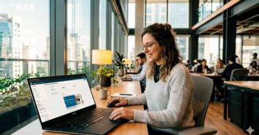Foto realista de uma mulher jovem profissional em um escritório de coworking moderno com janelas amplas. Ela sorri com confiança enquanto trabalha em um notebook que exibe a interface do Gerenciador de Anúncios do LinkedIn (LinkedIn Ads). A iluminação é natural e quente, com tons de cinza claro e carvão ao fundo.