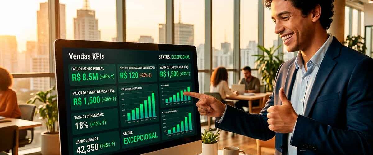 Homem de terno sorrindo e apontando para um monitor de computador que exibe um dashboard de KPIs de vendas com métricas em verde e "STATUS: EXCEPCIONAL" em um coworking moderno em São Paulo com vista para a cidade ao pôr do sol.