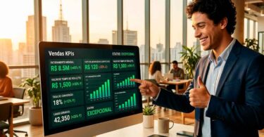Homem de terno sorrindo e apontando para um monitor de computador que exibe um dashboard de KPIs de vendas com métricas em verde e "STATUS: EXCEPCIONAL" em um coworking moderno em São Paulo com vista para a cidade ao pôr do sol.
