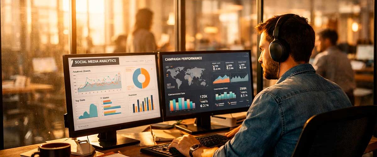 Analista de mídia em coworking analisando dashboards de marketing digital em dois monitores com luz natural entrando pela lateral.