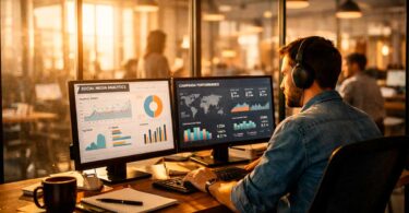 Analista de mídia em coworking analisando dashboards de marketing digital em dois monitores com luz natural entrando pela lateral.