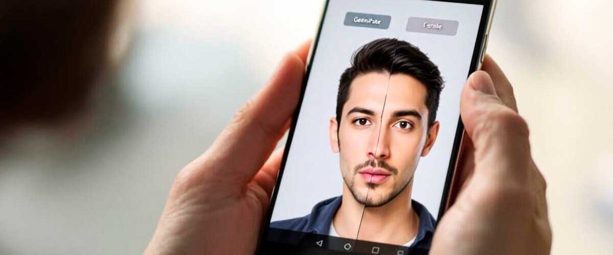 Tela de celular mostrando comparação entre rosto real e rosto gerado por IA, ilustrando a mudança no Algoritmo do Instagram 2026 e a busca por autenticidade