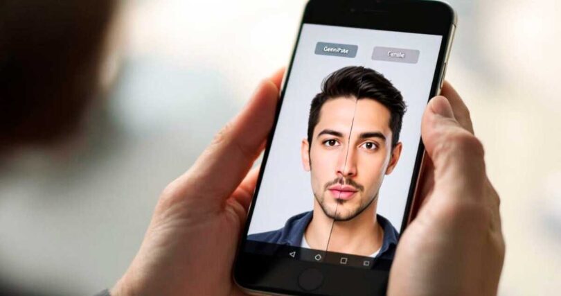 Tela de celular mostrando comparação entre rosto real e rosto gerado por IA, ilustrando a mudança no Algoritmo do Instagram 2026 e a busca por autenticidade