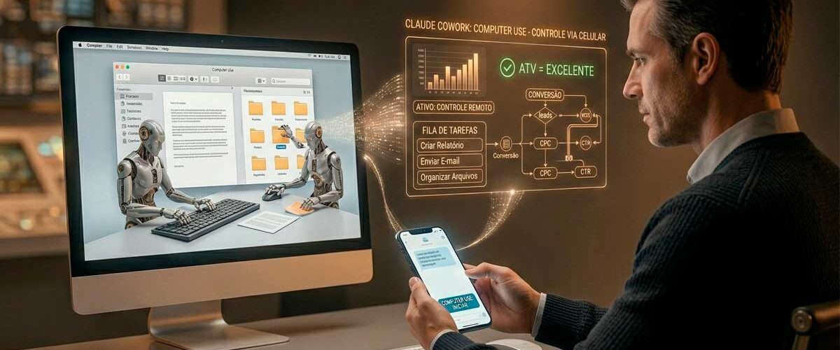 Um homem profissional sentado em uma mesa de escritório moderna opera um smartphone para controlar remotamente, via Claude Cowork, dois robôs de IA que estão dentro da tela de um computador desktop organizando arquivos de automação de escritório.