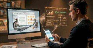 Um homem profissional sentado em uma mesa de escritório moderna opera um smartphone para controlar remotamente, via Claude Cowork, dois robôs de IA que estão dentro da tela de um computador desktop organizando arquivos de automação de escritório.