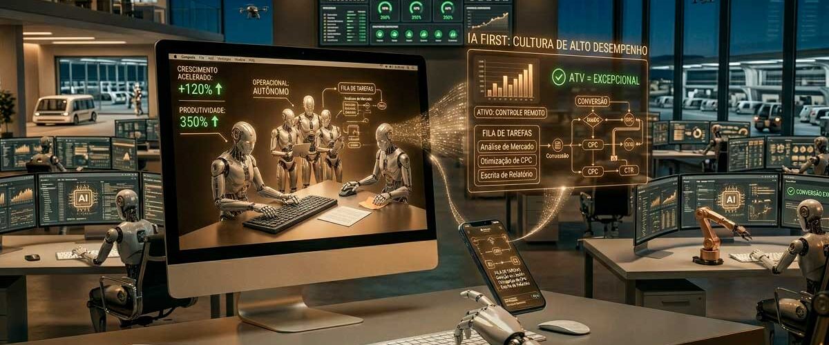 Escritório de arquitetura moderna em São Paulo com cultura AI First, exibindo múltiplos computadores operados de forma autônoma por agentes de IA e braços robóticos. A tela principal mostra métricas de crescimento de 120% e produtividade de 350%, com um dashboard holográfico flutuante indicando 'Status: Excepcional' e 'Cultura de Alto Desempenho