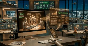 Escritório de arquitetura moderna em São Paulo com cultura AI First, exibindo múltiplos computadores operados de forma autônoma por agentes de IA e braços robóticos. A tela principal mostra métricas de crescimento de 120% e produtividade de 350%, com um dashboard holográfico flutuante indicando 'Status: Excepcional' e 'Cultura de Alto Desempenho