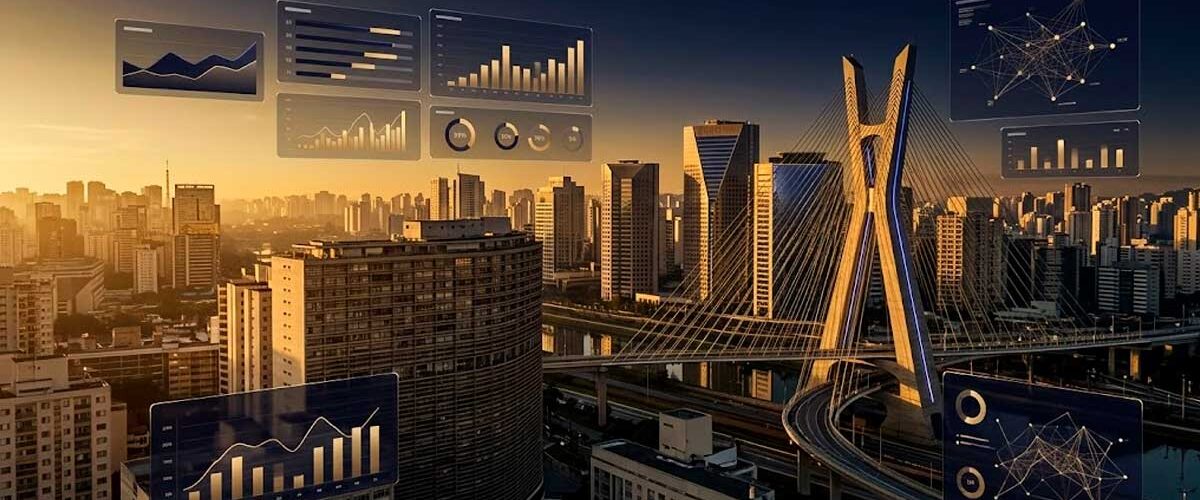 Vista panorâmica aérea da cidade de São Paulo ao entardecer, destacando a Ponte Estaiada com tons de dourado e azul escuro. Sobreposta à paisagem urbana, há uma interface digital translúcida exibindo gráficos de barras, redes de conexões e métricas de campanhas de marketing digital, evocando um conceito de alta tecnologia, análise de dados e luxo corporativo.