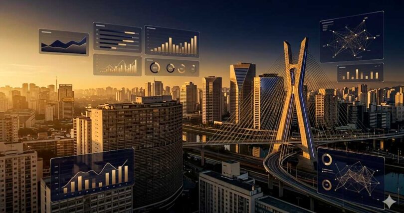 Vista panorâmica aérea da cidade de São Paulo ao entardecer, destacando a Ponte Estaiada com tons de dourado e azul escuro. Sobreposta à paisagem urbana, há uma interface digital translúcida exibindo gráficos de barras, redes de conexões e métricas de campanhas de marketing digital, evocando um conceito de alta tecnologia, análise de dados e luxo corporativo.