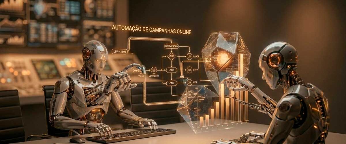 Dois robôs humanoides de alta tecnologia operando dashboards holográficos translúcidos de automação de campanhas online em um ambiente de escritório moderno com iluminação quente. A interface exibe gráficos de barras, métricas de LTV, CPC e fluxos de conversão
