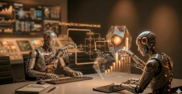 Dois robôs humanoides de alta tecnologia operando dashboards holográficos translúcidos de automação de campanhas online em um ambiente de escritório moderno com iluminação quente. A interface exibe gráficos de barras, métricas de LTV, CPC e fluxos de conversão