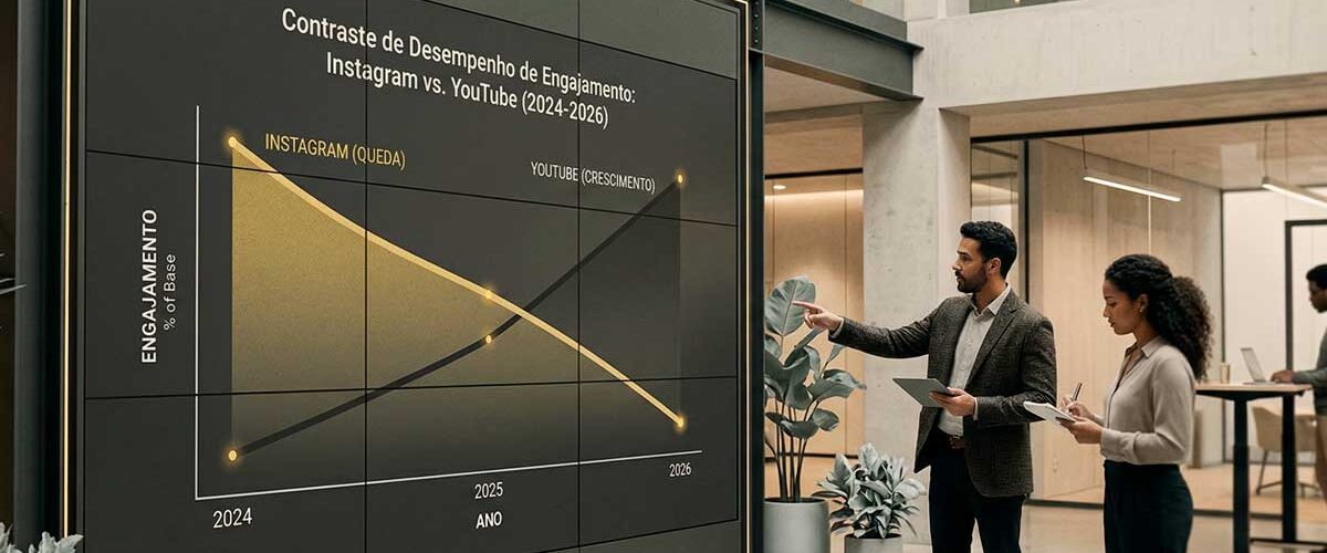 Gráfico de linha comparativo em um painel digital corporativo mostrando a queda de engajamento no Instagram versus o crescimento do YouTube entre os anos de 2024 e 2026. Analistas de marketing observam os dados em um escritório moderno com tons de cinza e detalhes em amarelo