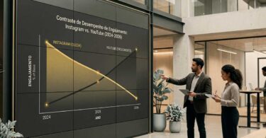 Gráfico de linha comparativo em um painel digital corporativo mostrando a queda de engajamento no Instagram versus o crescimento do YouTube entre os anos de 2024 e 2026. Analistas de marketing observam os dados em um escritório moderno com tons de cinza e detalhes em amarelo