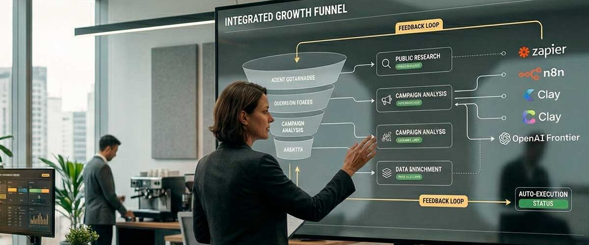 Equipe de marketing em escritório moderno analisando um painel digital de 'Integrated Growth Funnel'. A tela exibe fluxos de automação com logos de ferramentas como Zapier, n8n e Clay. Ambiente corporativo realista com iluminação suave e vista urbana ao fundo